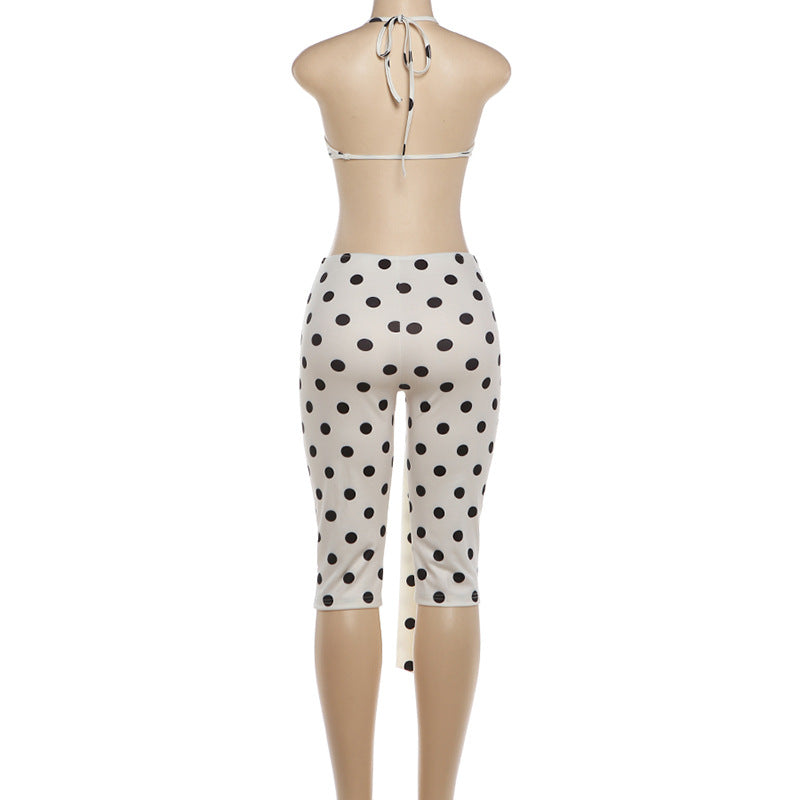Polka Dot Crop Top and Tie Waist Capri Set Women