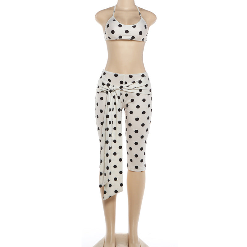 Polka Dot Crop Top and Tie Waist Capri Set Women