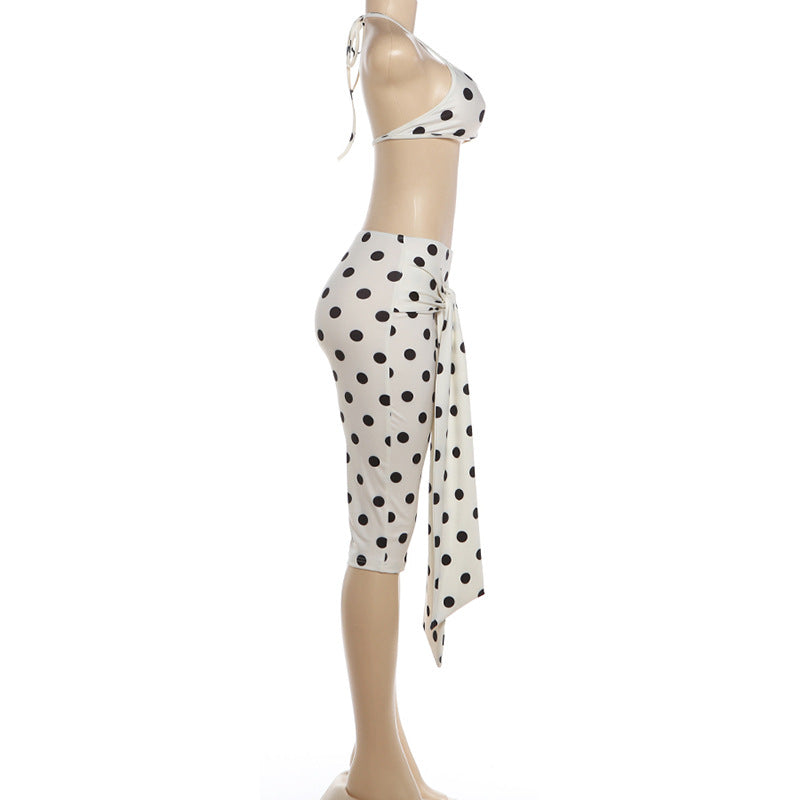 Polka Dot Crop Top and Tie Waist Capri Set Women