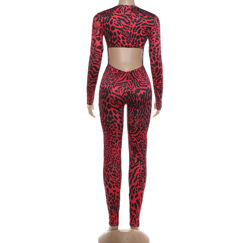 Leopard Print Deep V Neck Bodycon Jumpsuit