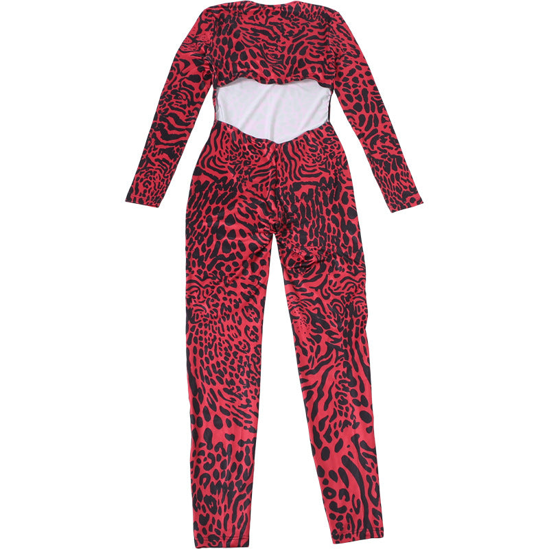 Leopard Print Deep V Neck Bodycon Jumpsuit