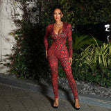 Leopard Print Deep V Neck Bodycon Jumpsuit