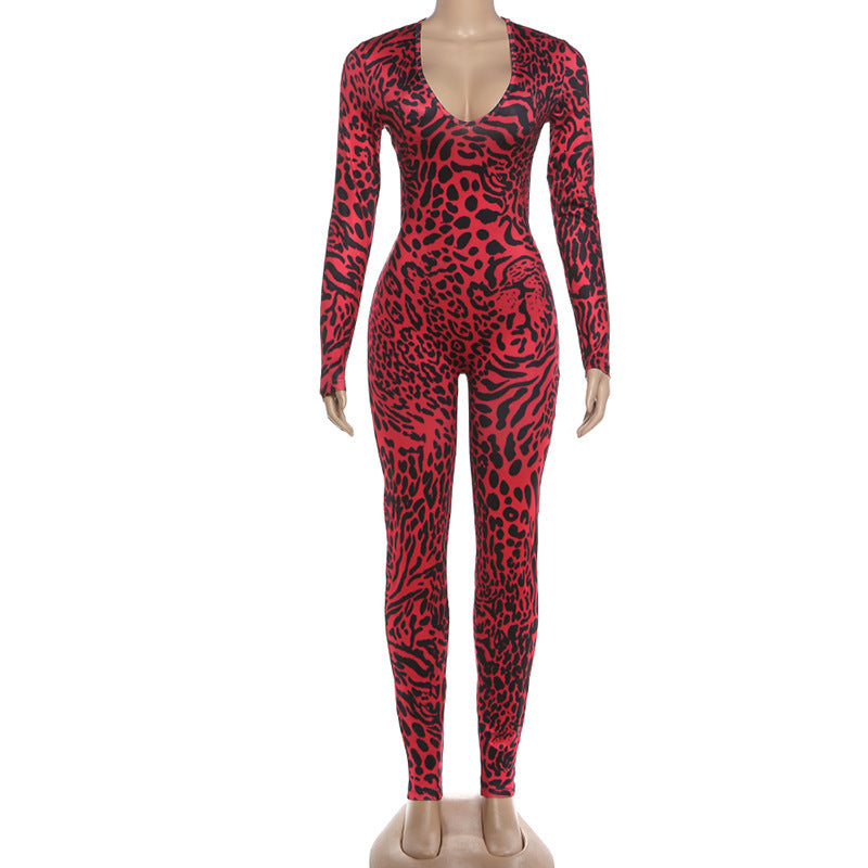 Leopard Print Deep V Neck Bodycon Jumpsuit