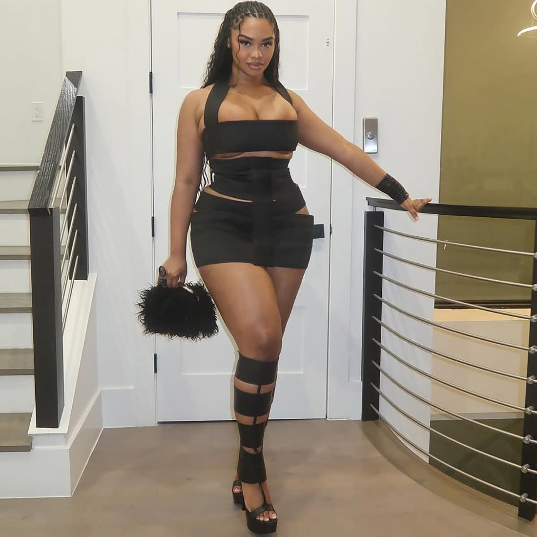 Black Cut Out Halter Mini Dress Clubwear Women Set
