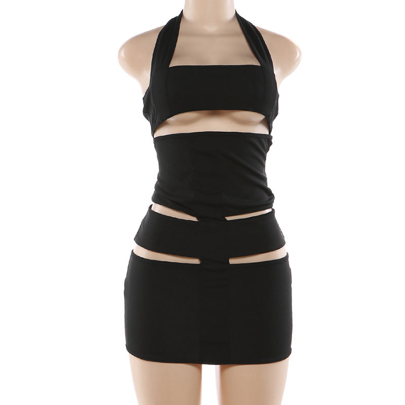 Black Cut Out Halter Mini Dress Clubwear Women Set