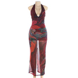 Women's Printed Halter Neck Mesh Maxi Dress Chic
