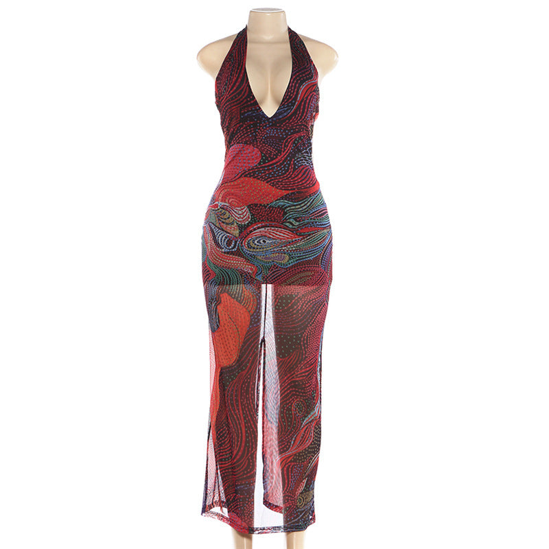 Women's Printed Halter Neck Mesh Maxi Dress Chic
