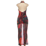 Women's Printed Halter Neck Mesh Maxi Dress Chic