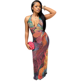 Women's Printed Halter Neck Mesh Maxi Dress Chic