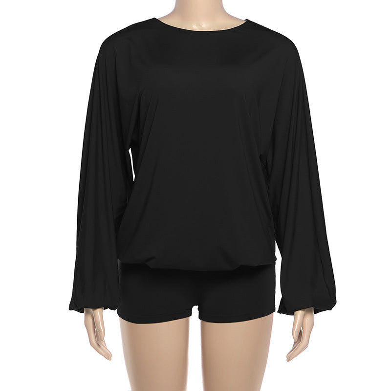 Women's Black Batwing Sleeve Romper Shorts Outfit