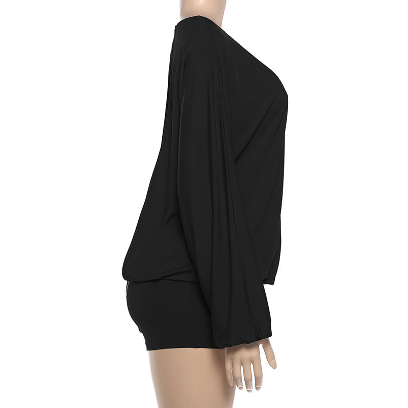 Women's Black Batwing Sleeve Romper Shorts Outfit