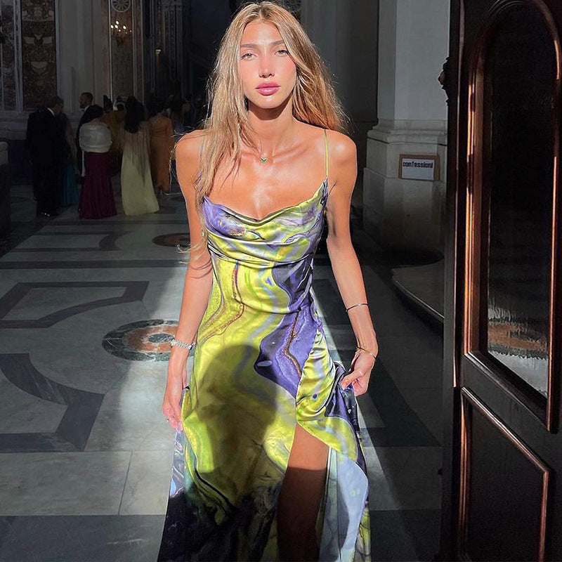 Women's Marble Print Satin Slip Maxi Dress Elegant