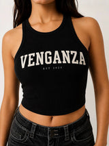 Women's Black Ribbed Graphic Racerback Crop Top