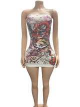 Women's Strapless Rose Print Bodycon Mini Dress
