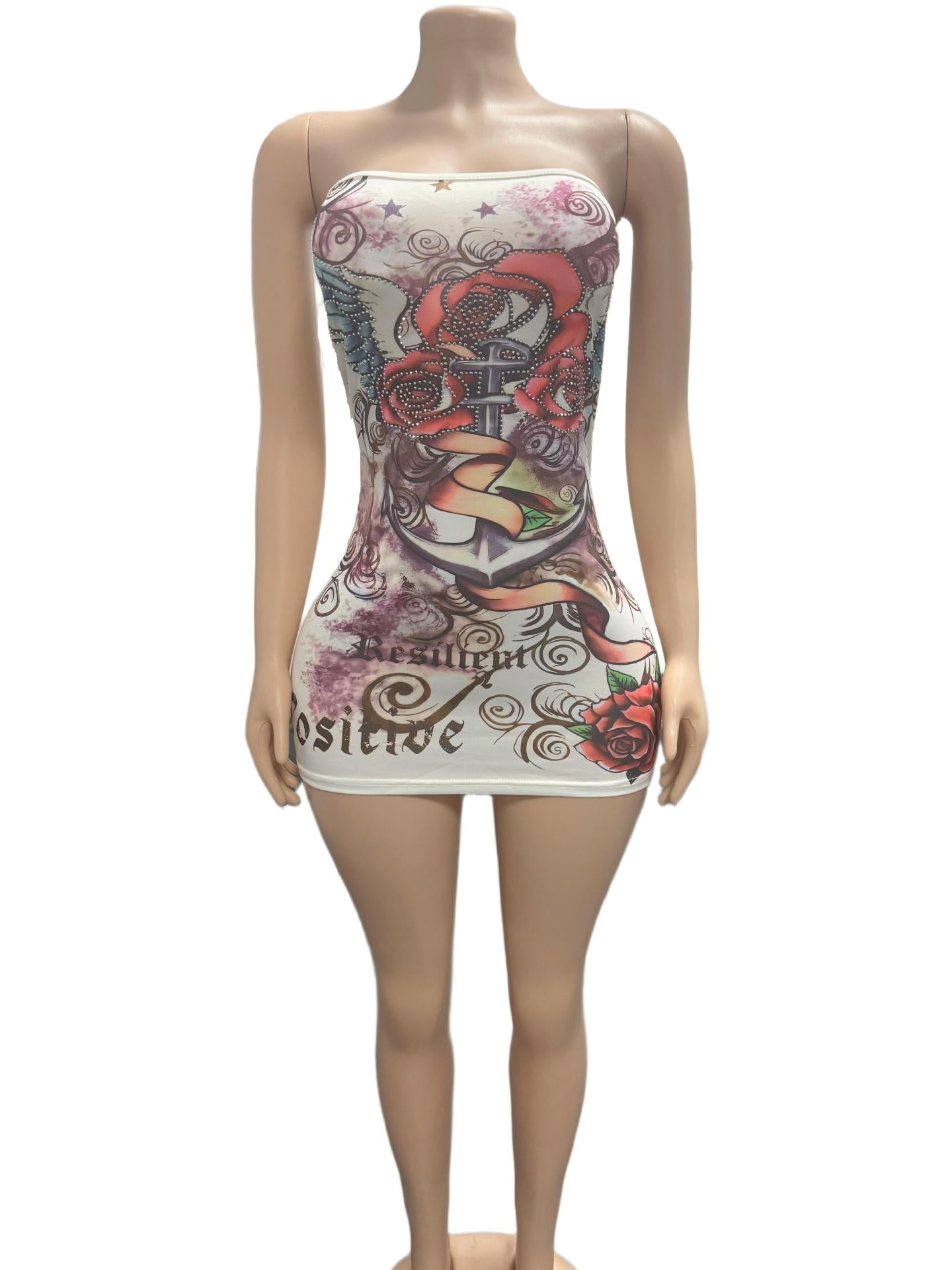 Women's Strapless Rose Print Bodycon Mini Dress