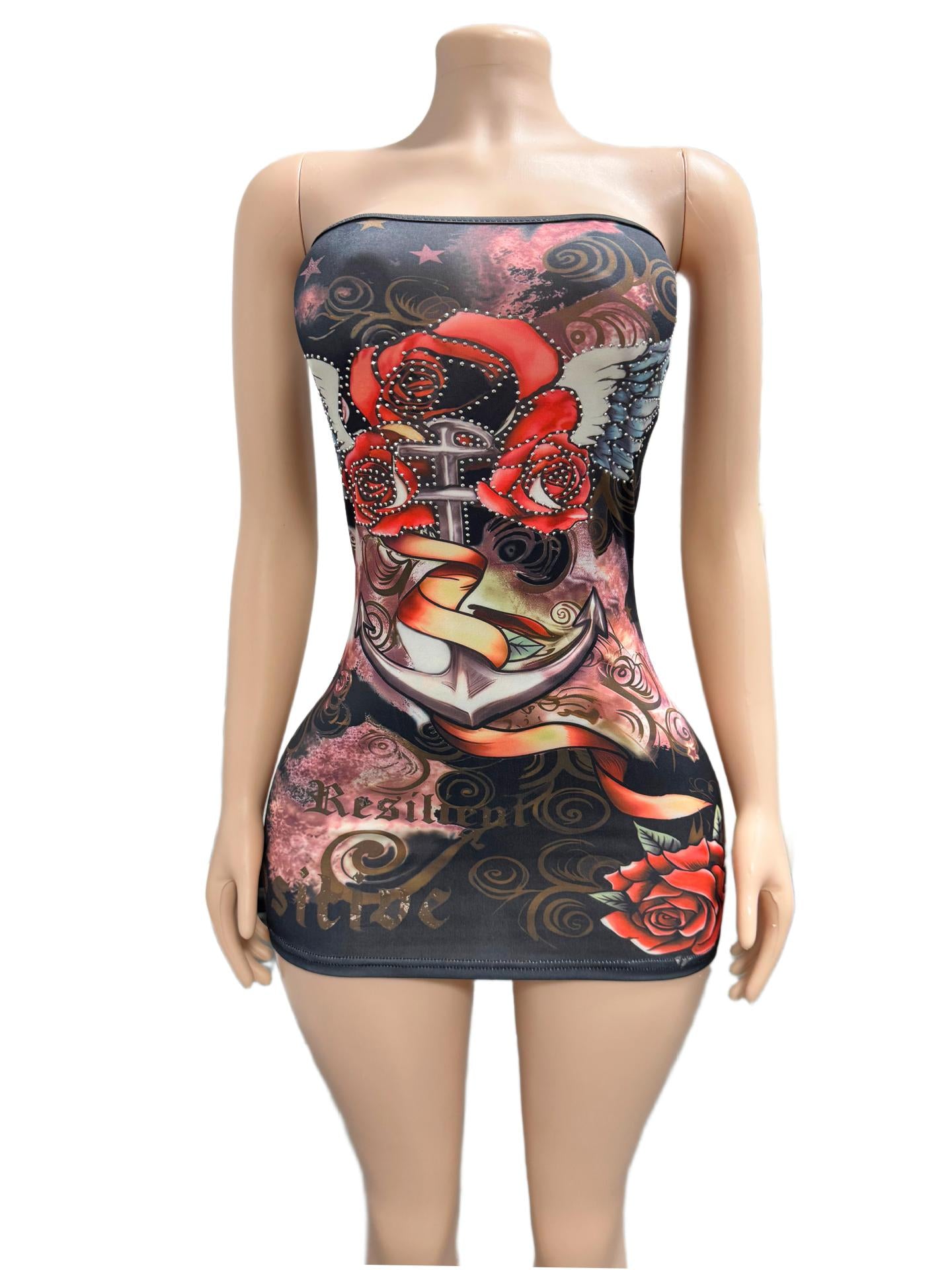Women's Strapless Rose Print Bodycon Mini Dress