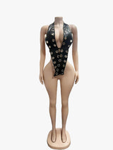 Women's Faux Leather Grommet Halter Romper Chic