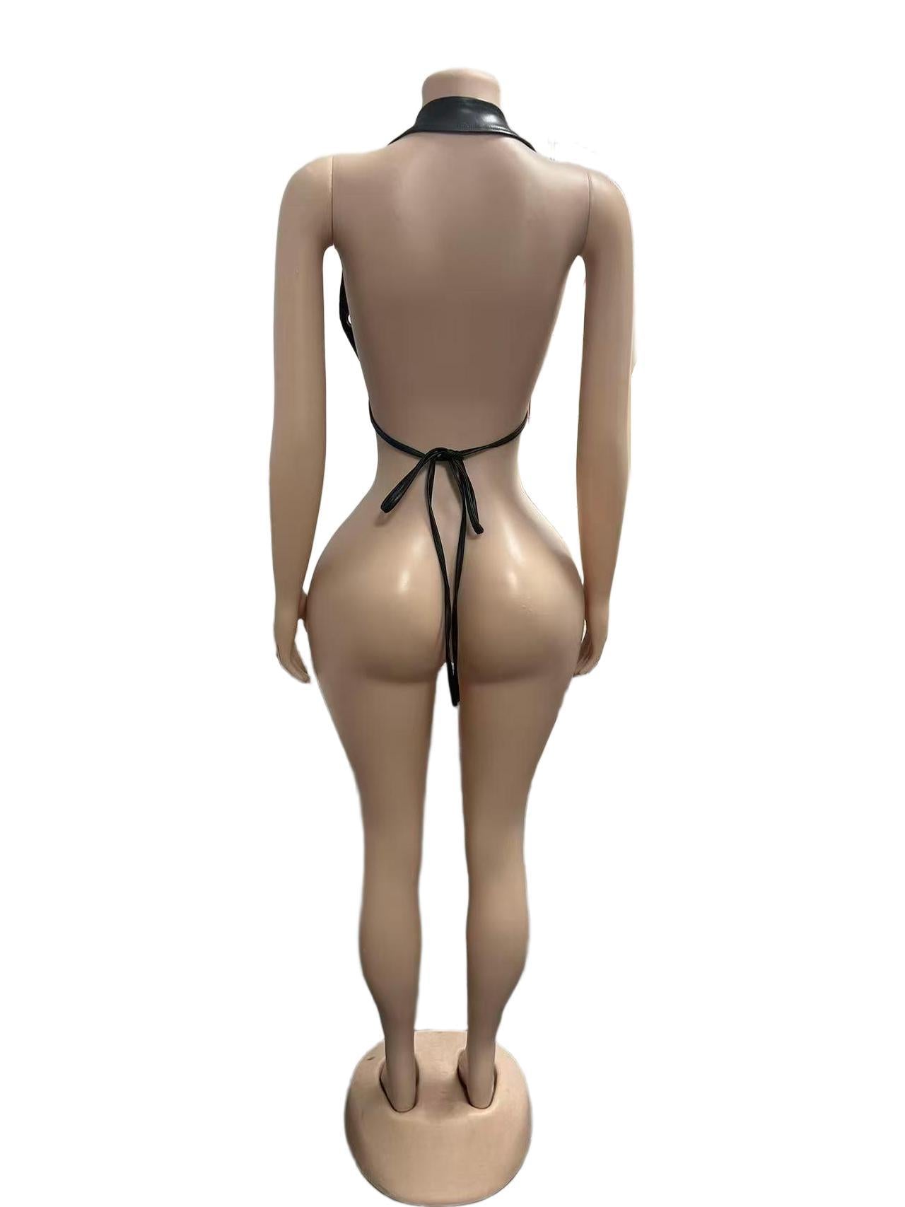 Women's Faux Leather Grommet Halter Romper Chic