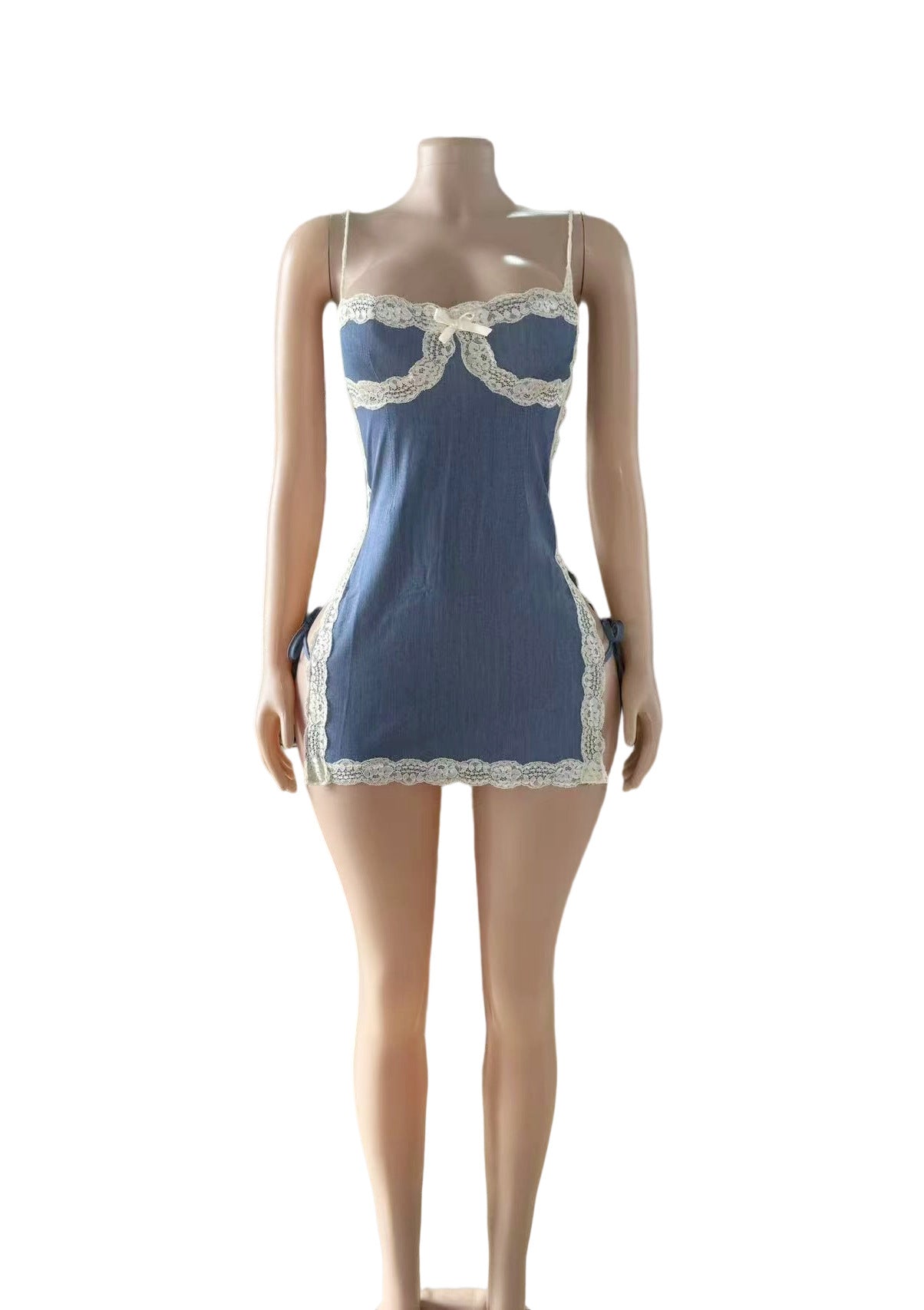 Women's Blue Lace Trim Cami Bodycon Mini Dress