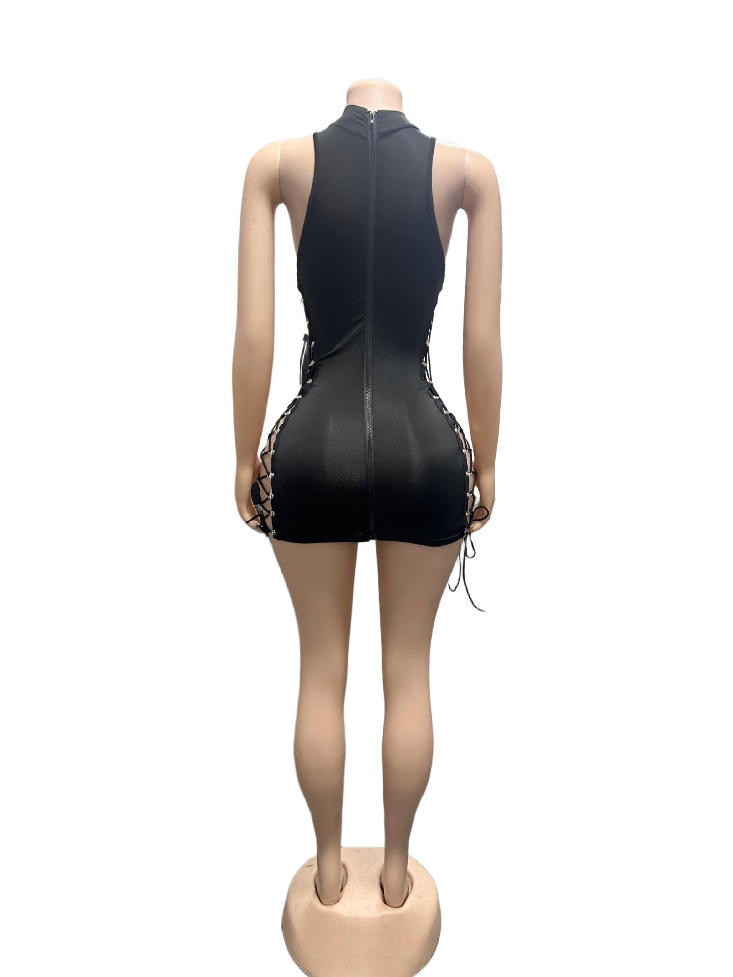 Women's Black Lace-Up Cutout Bodycon Mini Dress