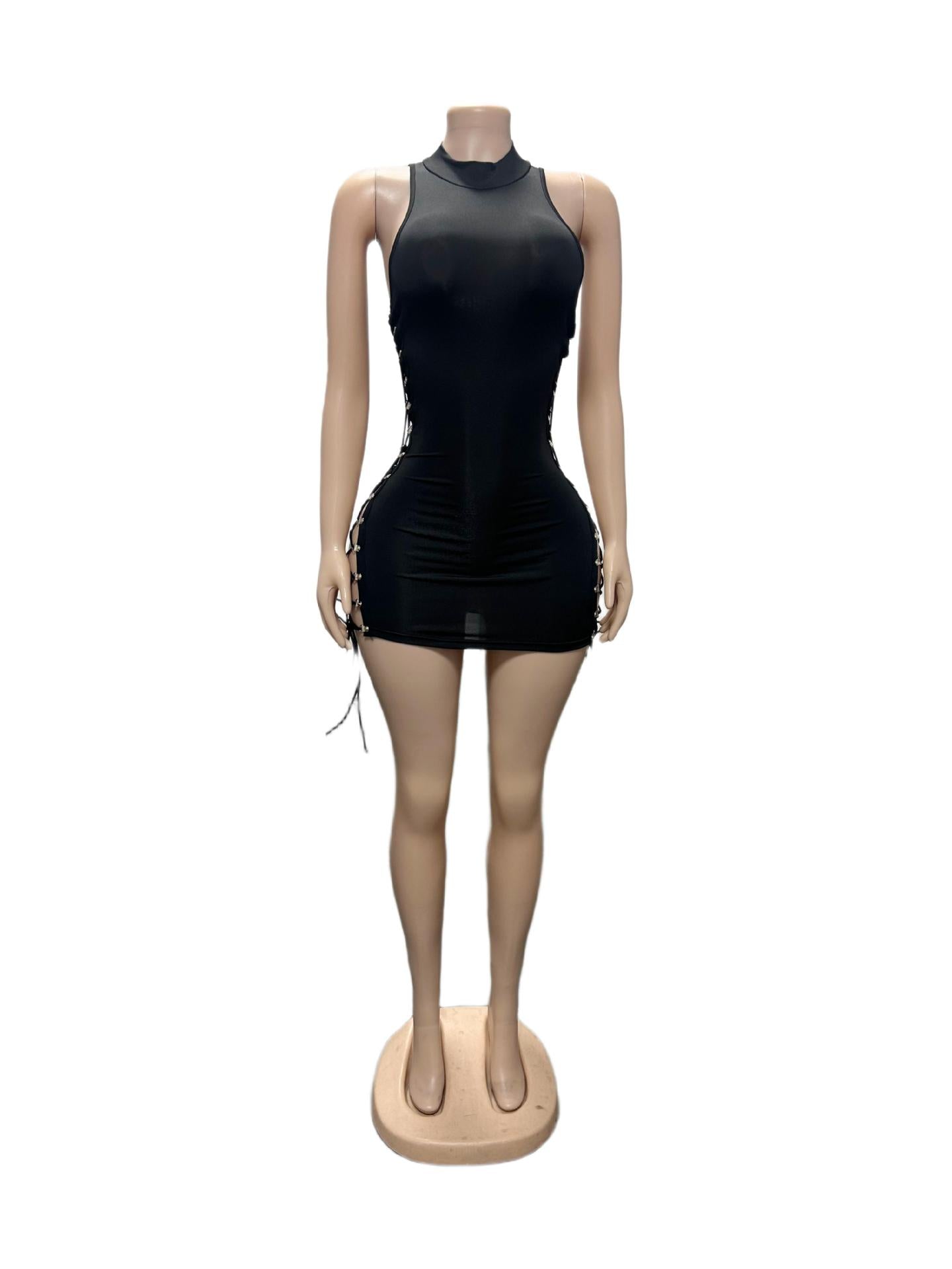 Women's Black Lace-Up Cutout Bodycon Mini Dress