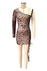 Women's Leopard One Shoulder Lace-Up Mini Dress