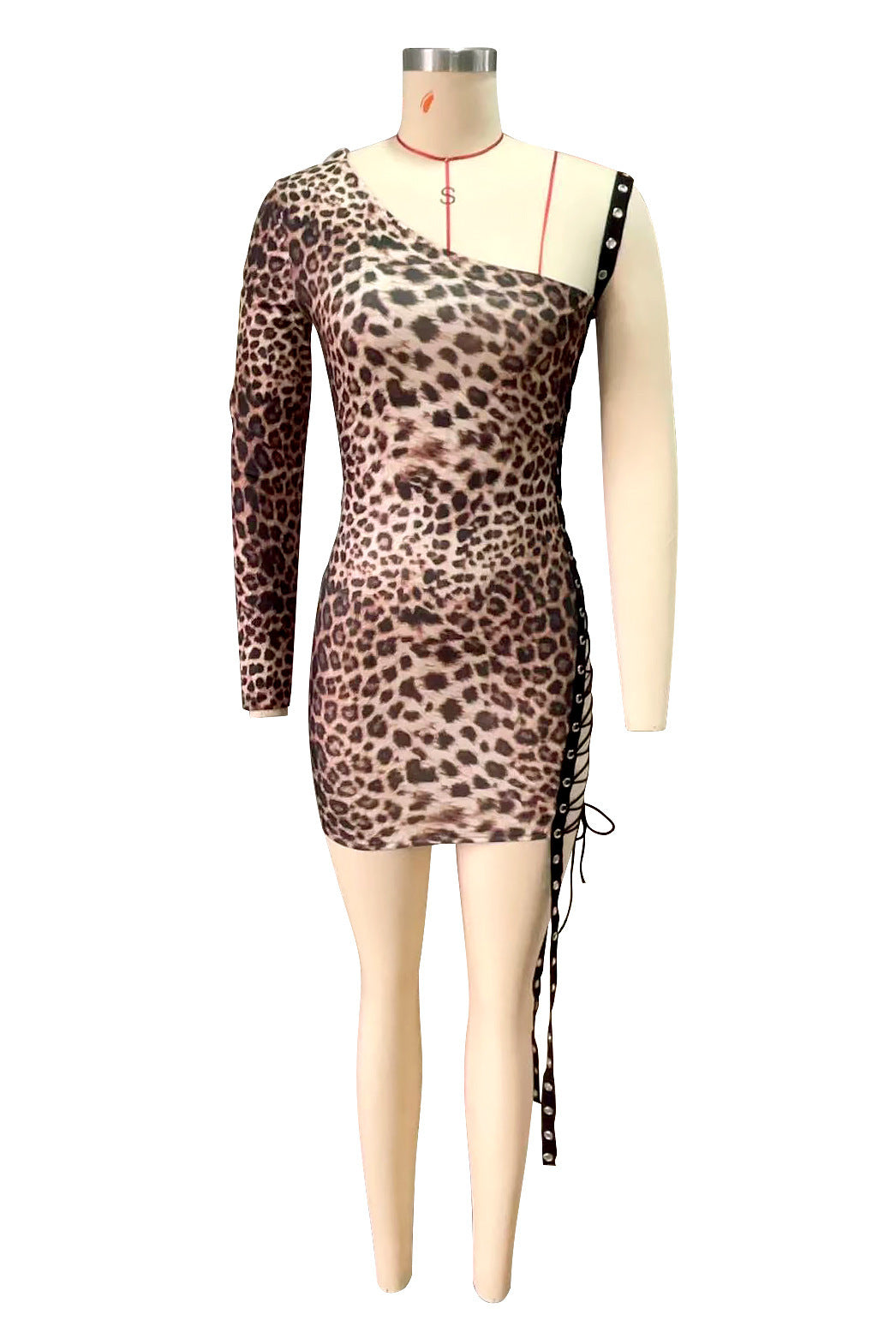 Women's Leopard One Shoulder Lace-Up Mini Dress
