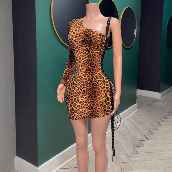 Women's Leopard One Shoulder Lace-Up Mini Dress