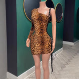 Women's Leopard One Shoulder Lace-Up Mini Dress