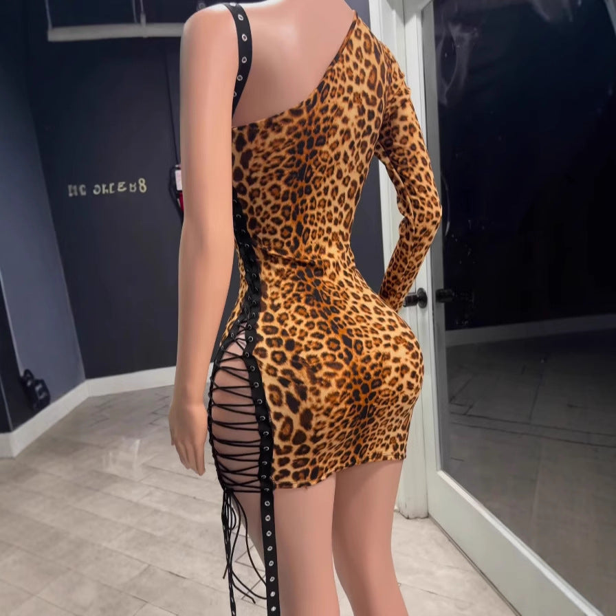 Women's Leopard One Shoulder Lace-Up Mini Dress