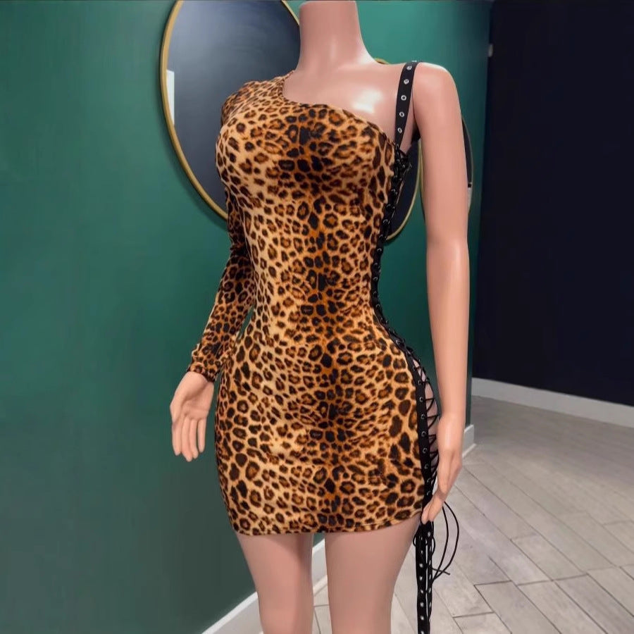 Women's Leopard One Shoulder Lace-Up Mini Dress