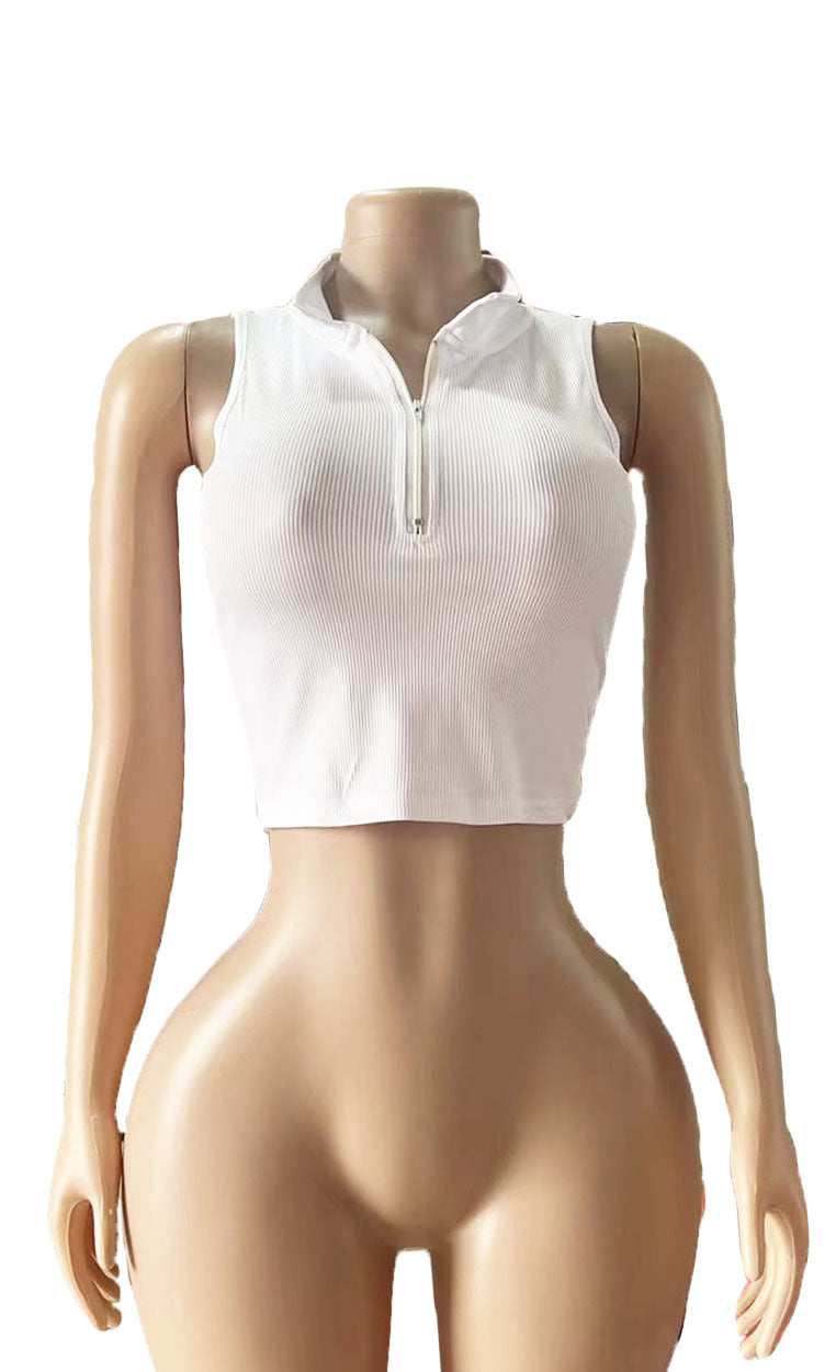 Women's White Ribbed Zip Mock Neck Crop Top Chic