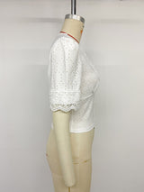 Women's White Lace Eyelet Button Front Crop Blouse