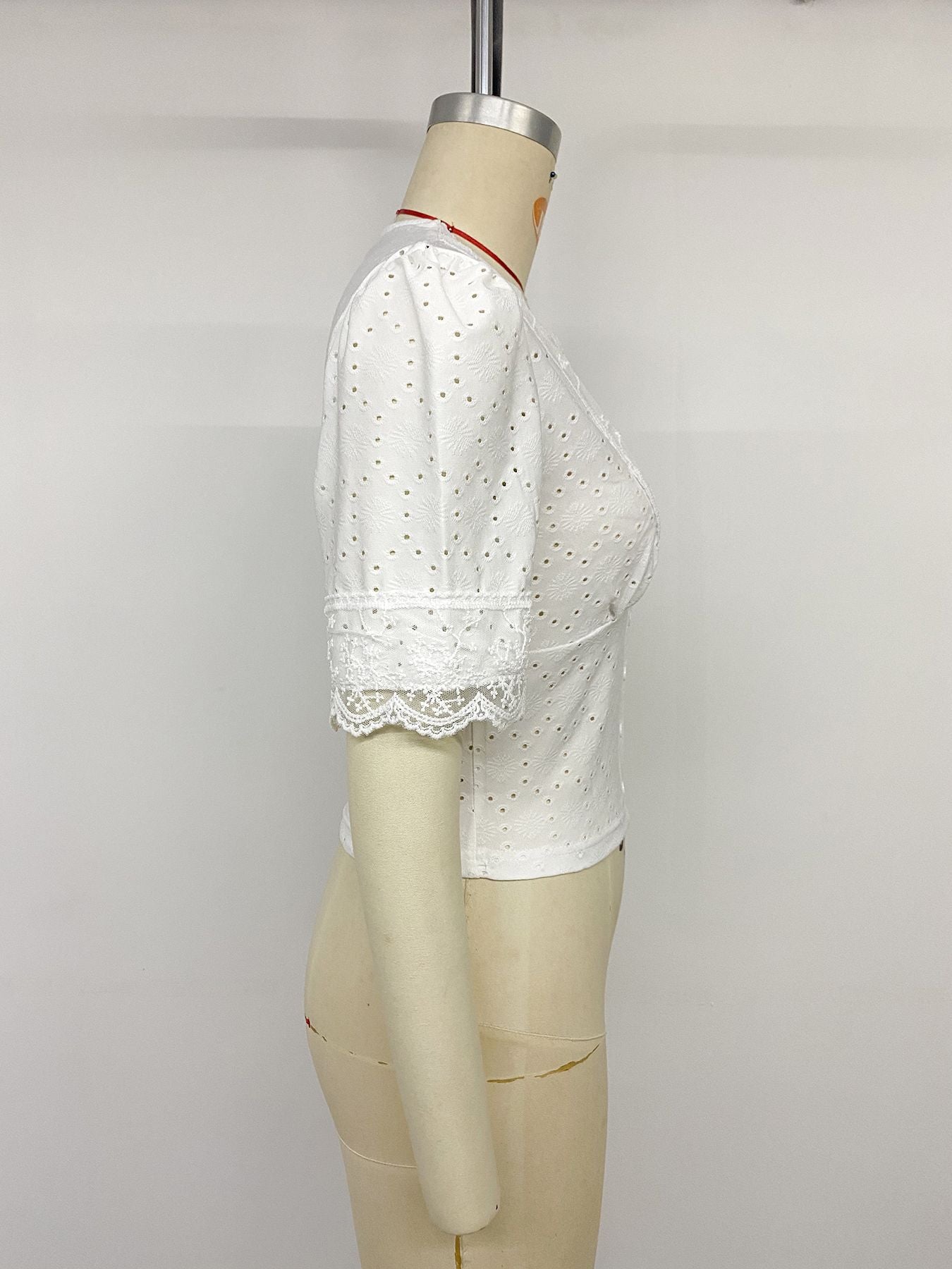 Women's White Lace Eyelet Button Front Crop Blouse