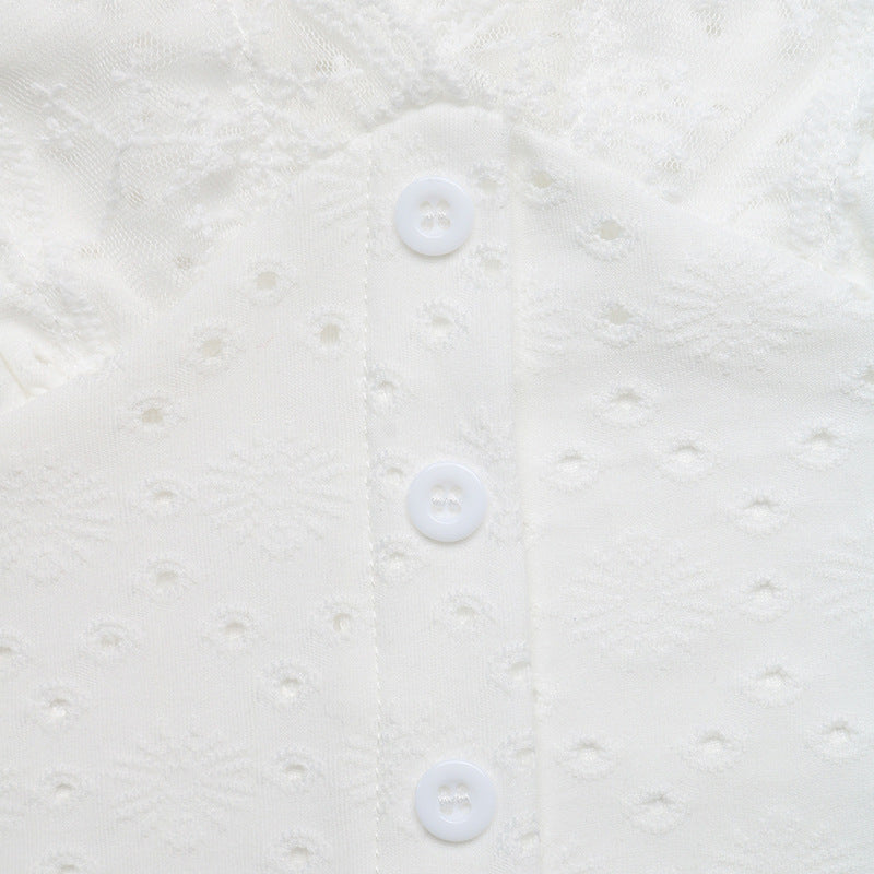 Women's White Lace Eyelet Button Front Crop Blouse