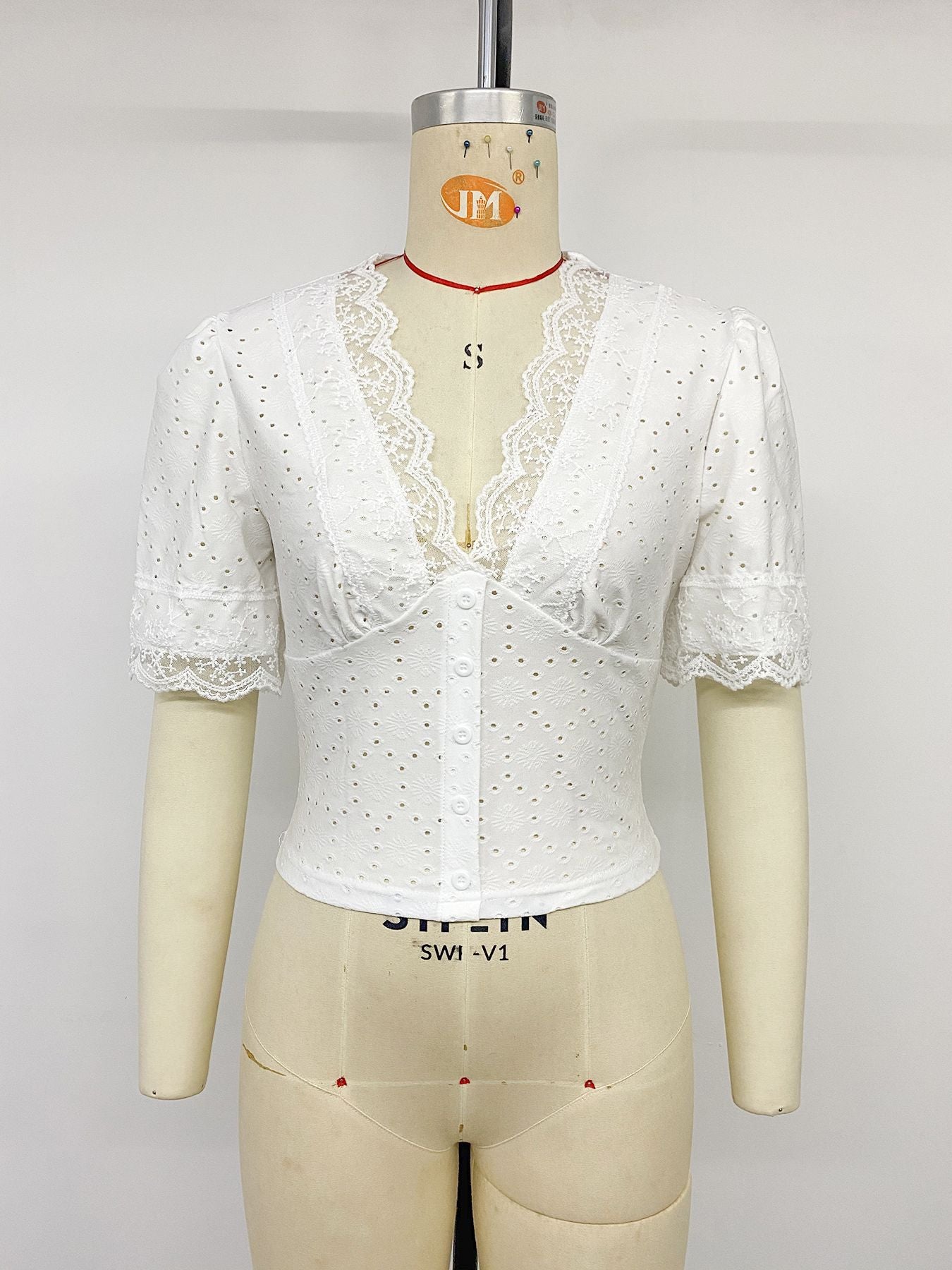 Women's White Lace Eyelet Button Front Crop Blouse