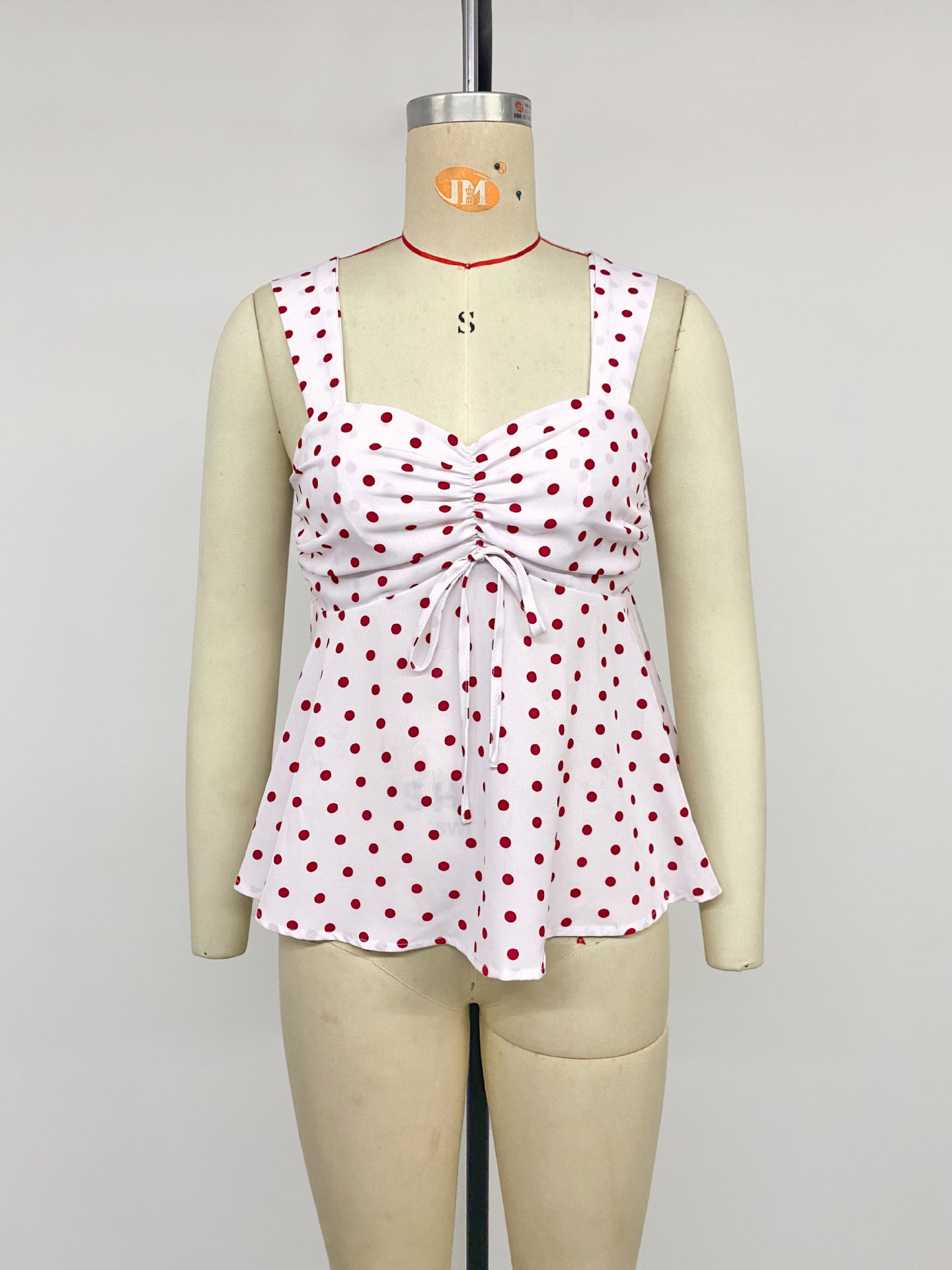 Women's Red Polka Dot Ruched Peplum Cami Tank Top