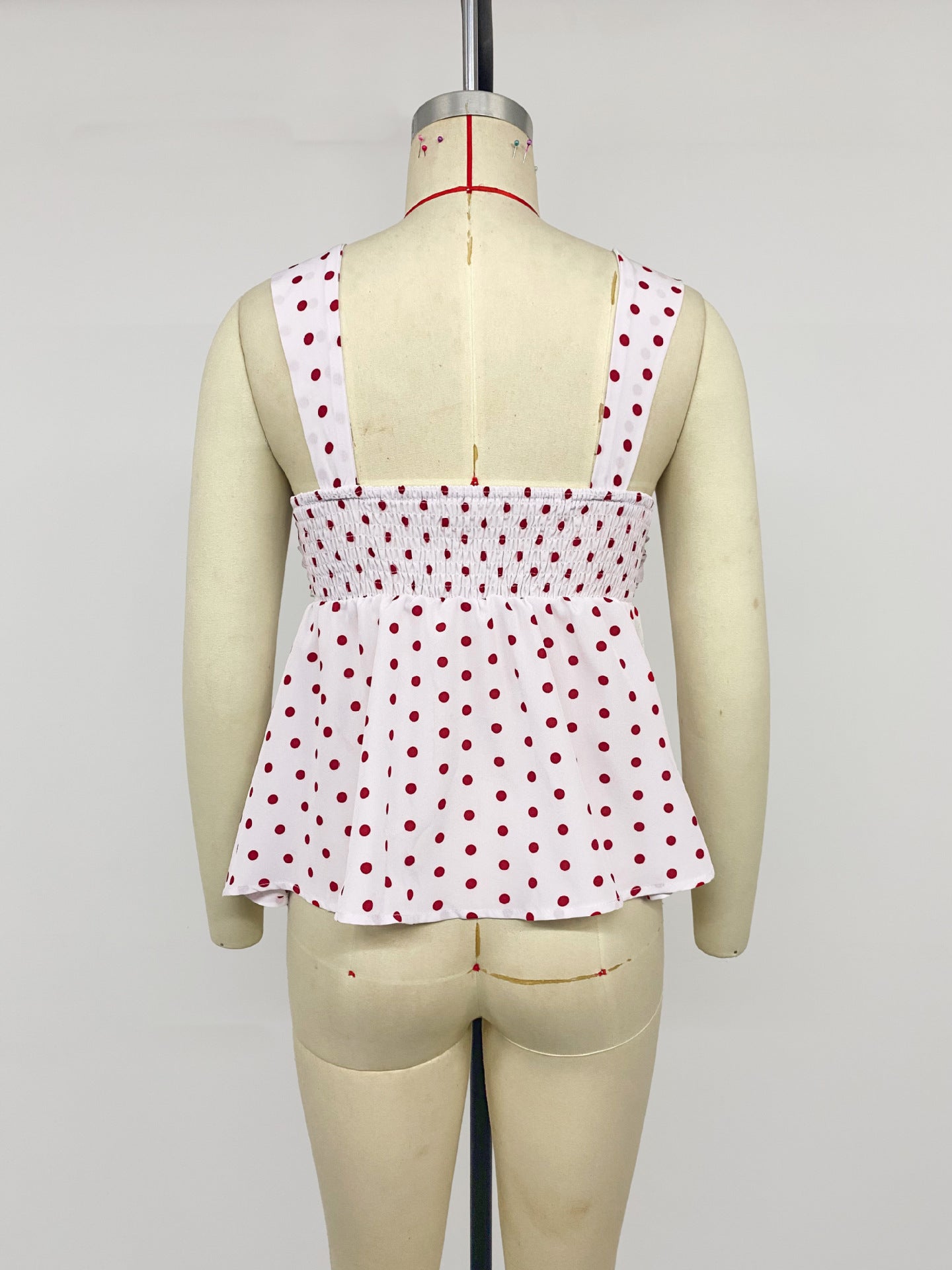 Women's Red Polka Dot Ruched Peplum Cami Tank Top