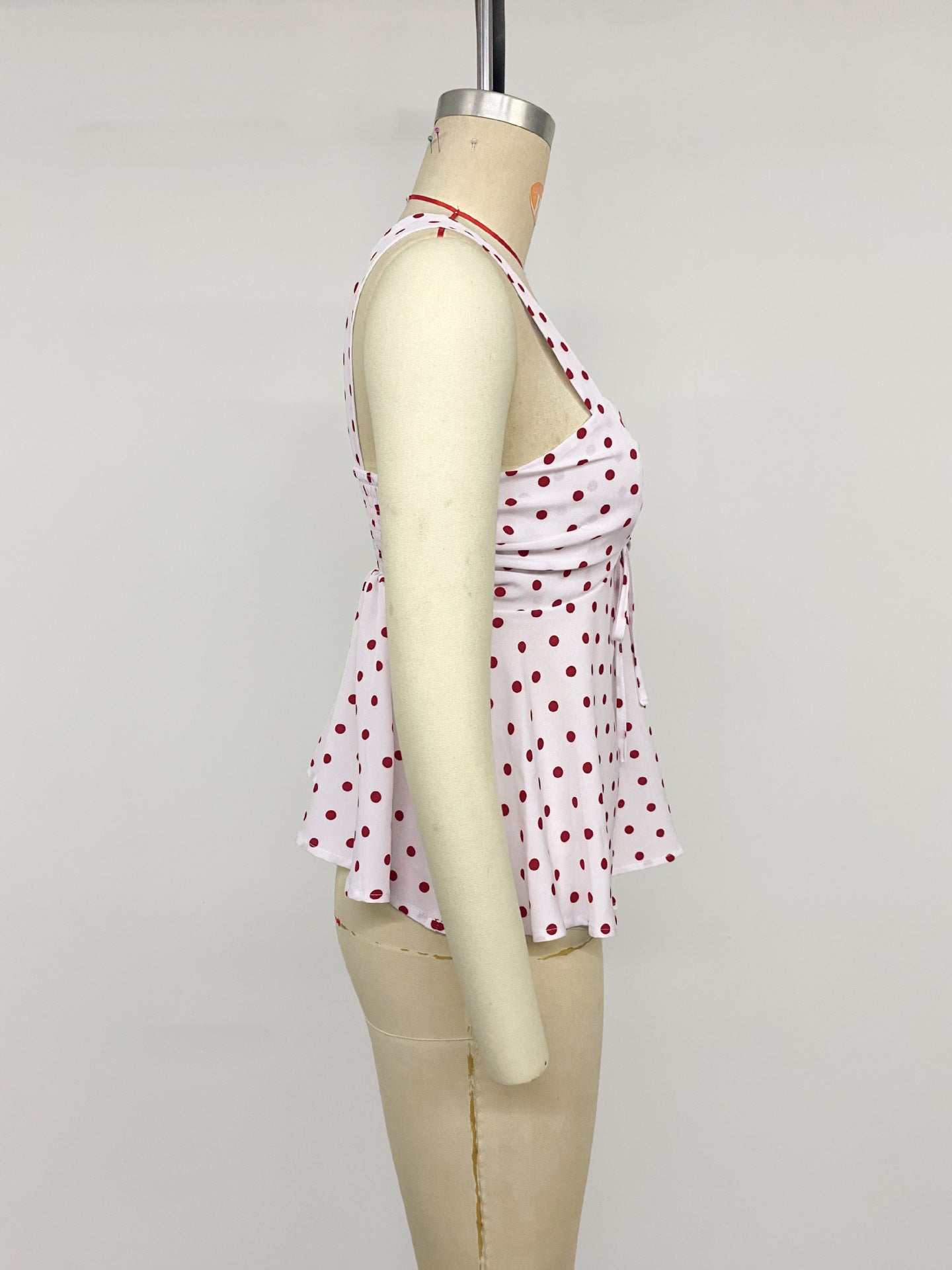 Women's Red Polka Dot Ruched Peplum Cami Tank Top