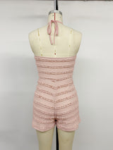 Women's Pink Lace Trim Halter Romper Jumpsuit