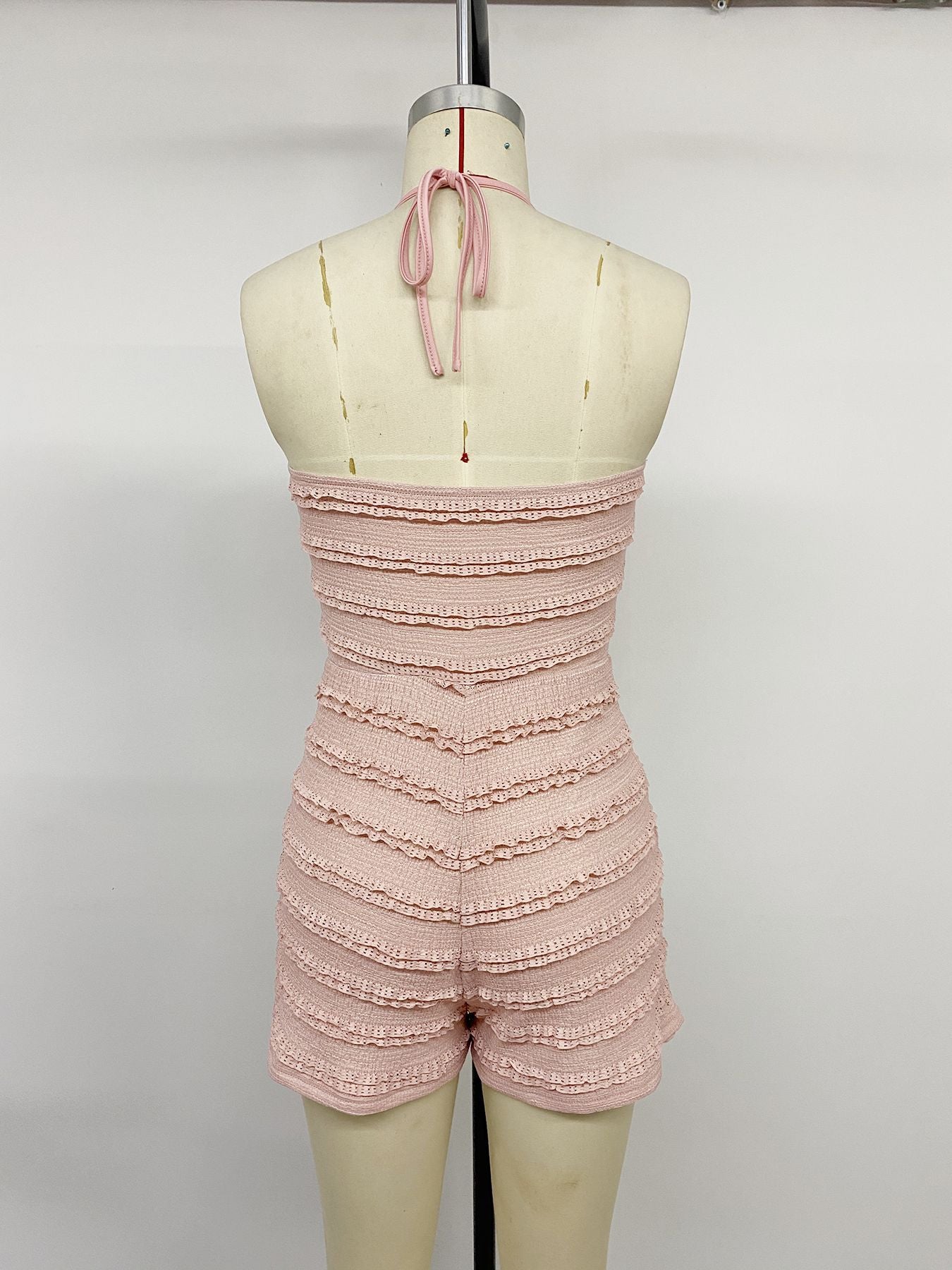 Women's Pink Lace Trim Halter Romper Jumpsuit