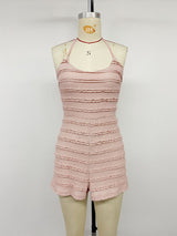 Women's Pink Lace Trim Halter Romper Jumpsuit