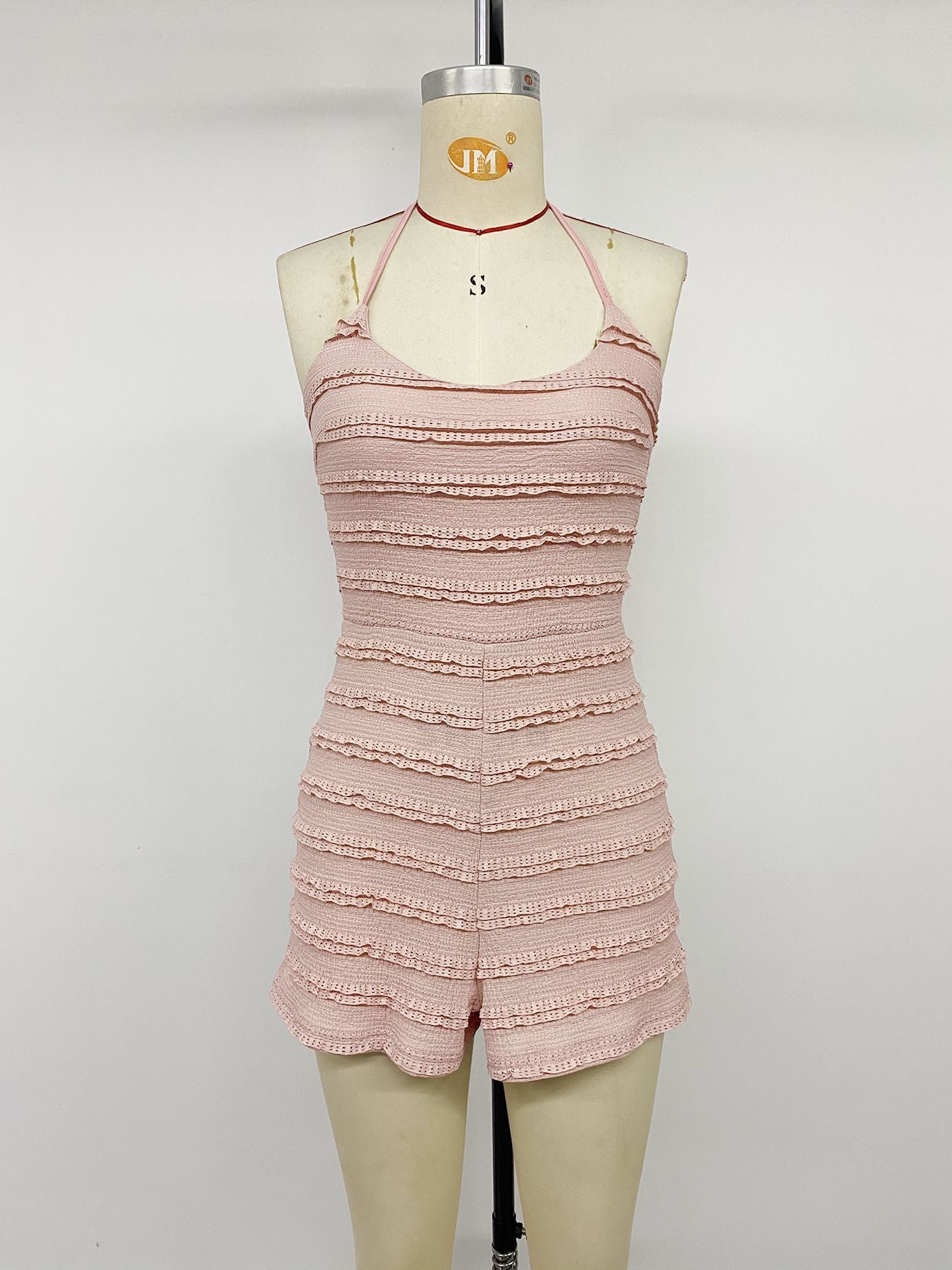Women's Pink Lace Trim Halter Romper Jumpsuit