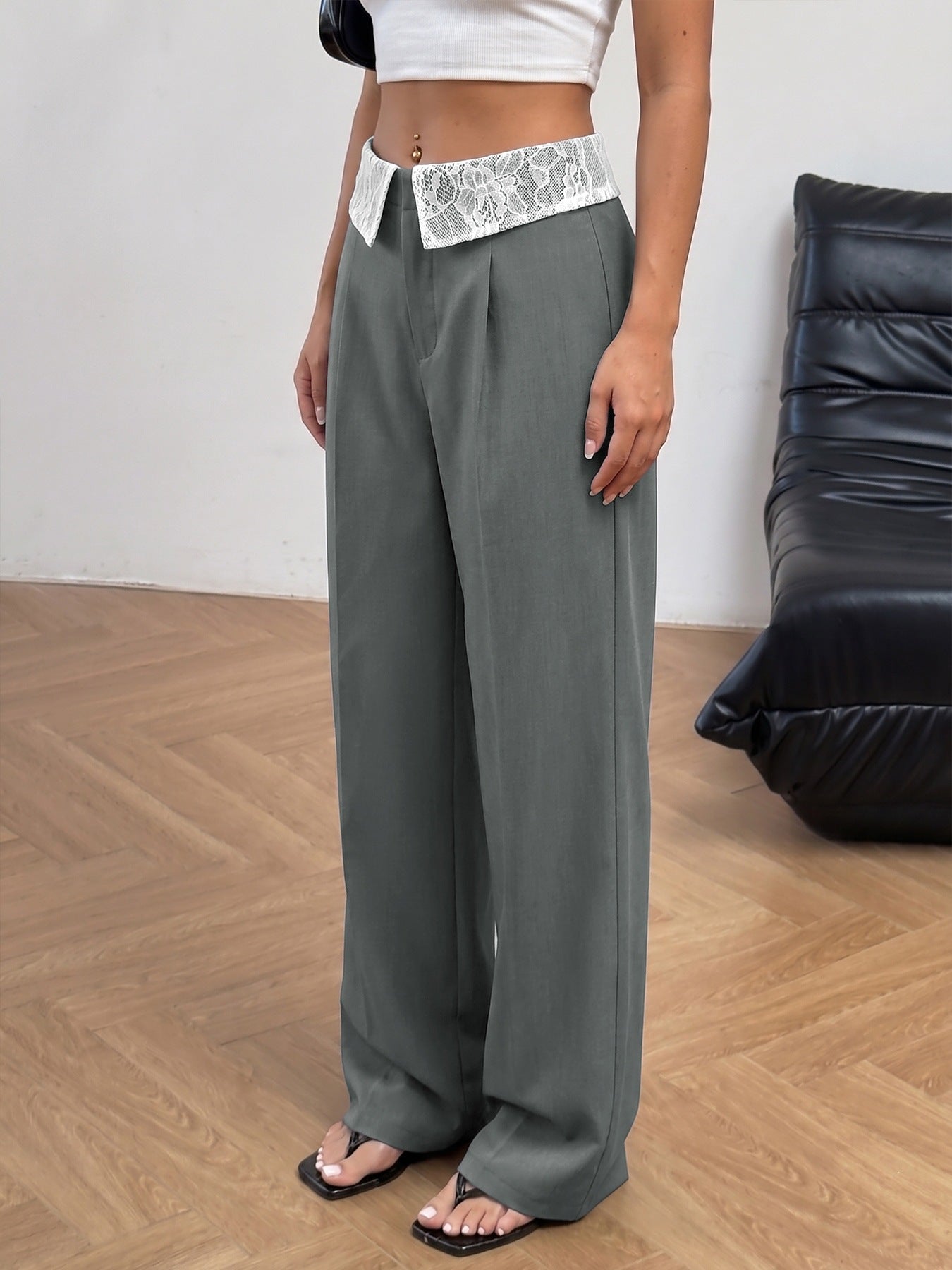 Women's High Waist Wide Leg Lace Trim Trousers