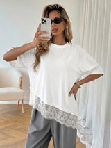 Women's Oversized Lace Hem Casual White T-Shirt