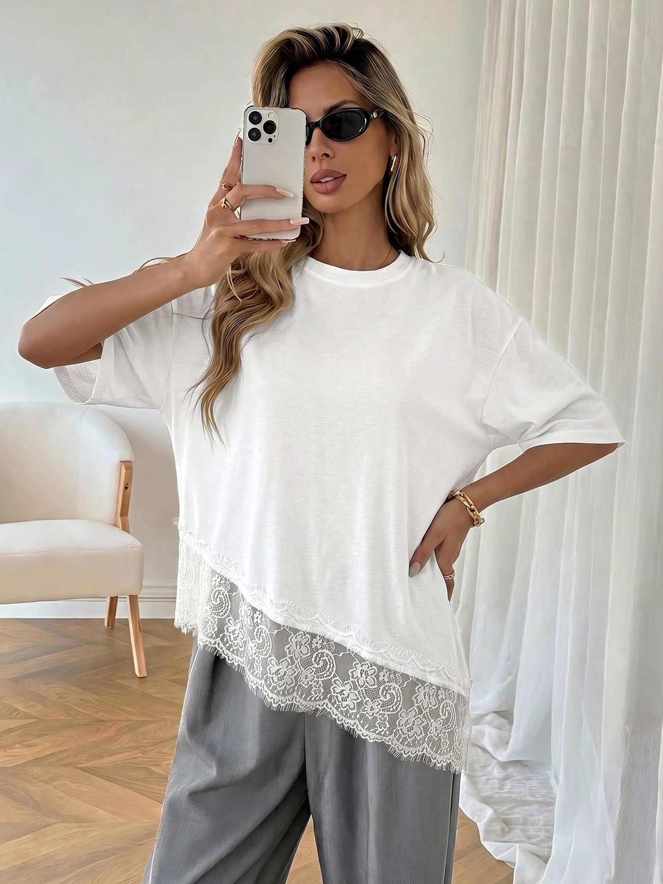 Women's Oversized Lace Hem Casual White T-Shirt
