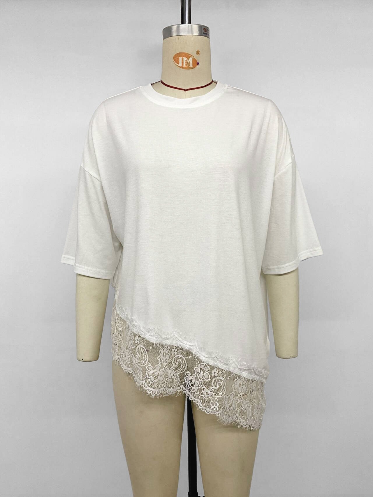 Women's Oversized Lace Hem Casual White T-Shirt