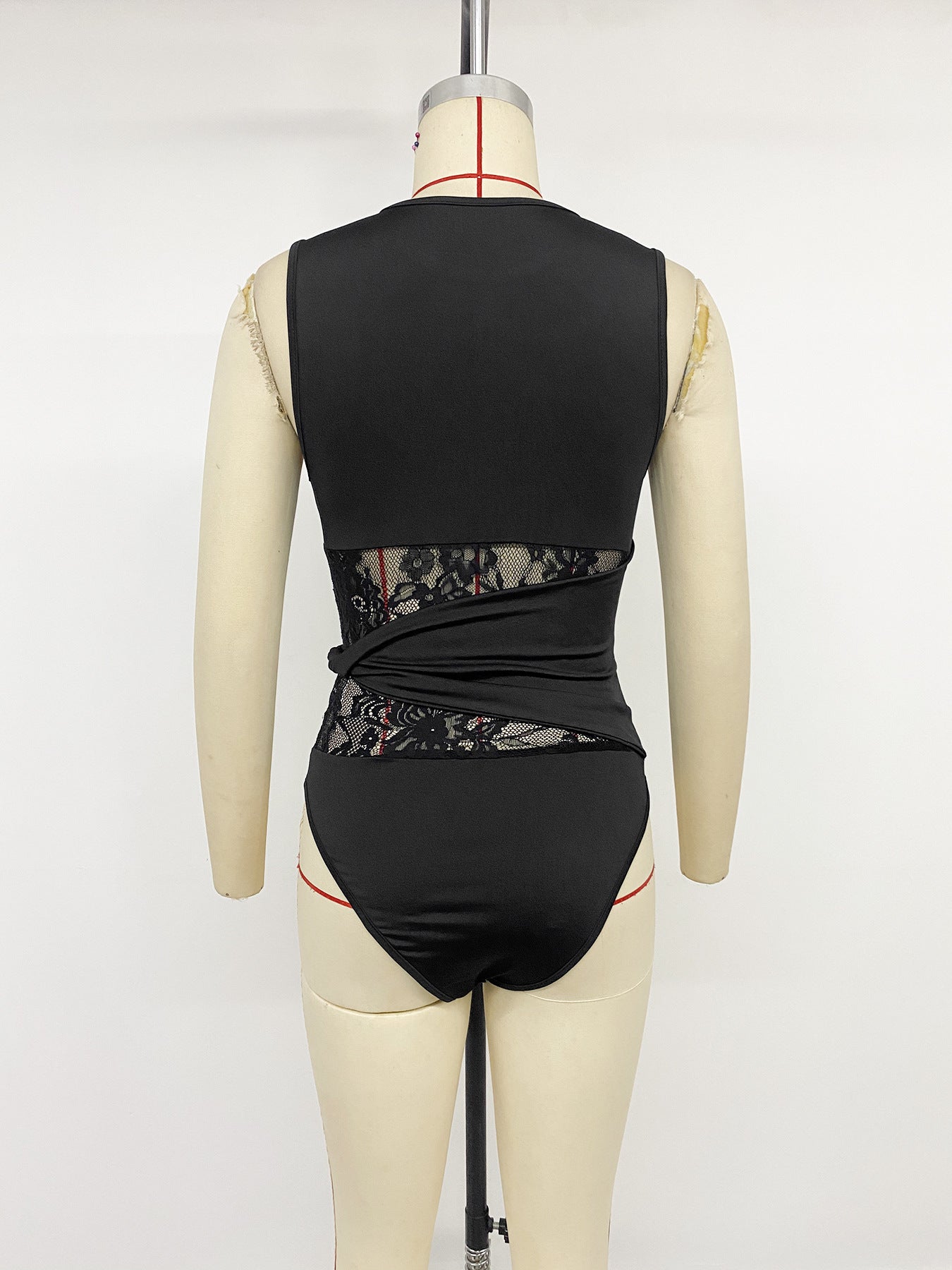 Women's Black Lace Panel Sleeveless Bodysuit Top
