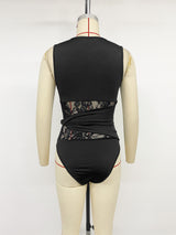 Women's Black Lace Panel Sleeveless Bodysuit Top
