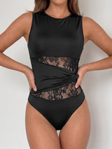 Women's Black Lace Panel Sleeveless Bodysuit Top